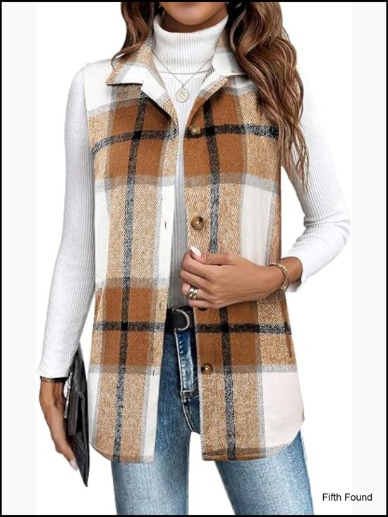 Jackets & Blazers - Sleeveless Flannel Plaid Vest with Pockets Button Down Jacket Casual Fall Layer
